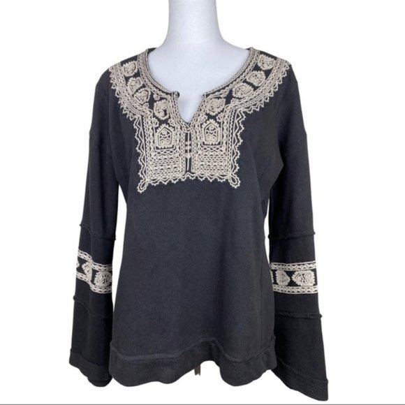 Free People Tops - Free People Black Santa Maria Embroidered Peasant French Terry Pullover X-Small